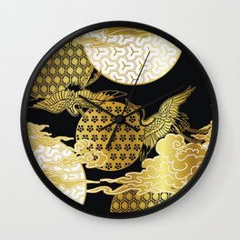 Black and gold crane birds sky cloud japanese chinese Wall Clock | Golden, Japanese, Sky, Black, Cloud, Moon, Motifs, Painting, Illustration, Crane 