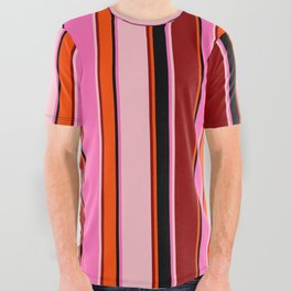 [ Thumbnail: Eye-catching Hot Pink, Black, Red, Dark Red, and Pink Colored Stripes/Lines Pattern All Over Graphic Tee ]