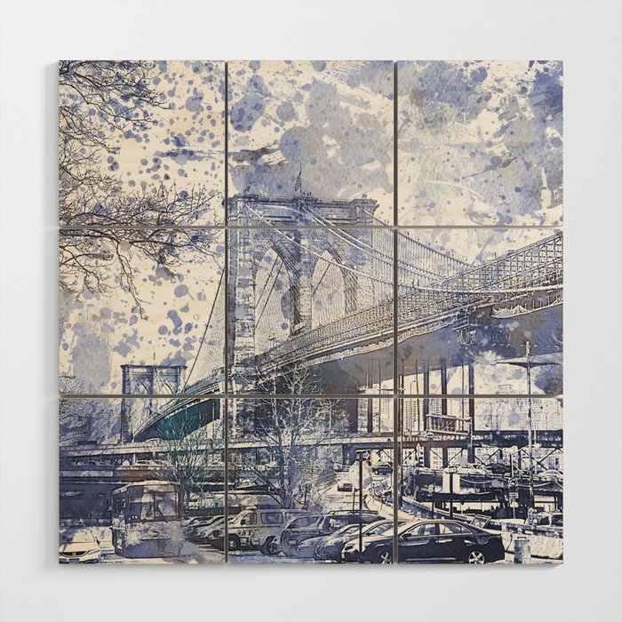 Brooklyn Bridge New York Usa Watercolor Blue Illustration Wood