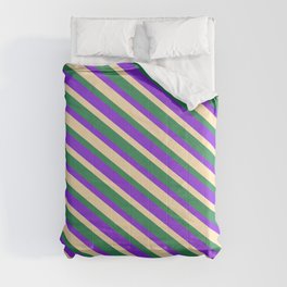 [ Thumbnail: Sea Green, Purple & Beige Colored Striped/Lined Pattern Comforter ]