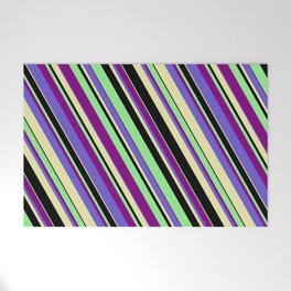 [ Thumbnail: Light Green, Purple, Slate Blue, Pale Goldenrod, and Black Colored Lines/Stripes Pattern Welcome Mat ]