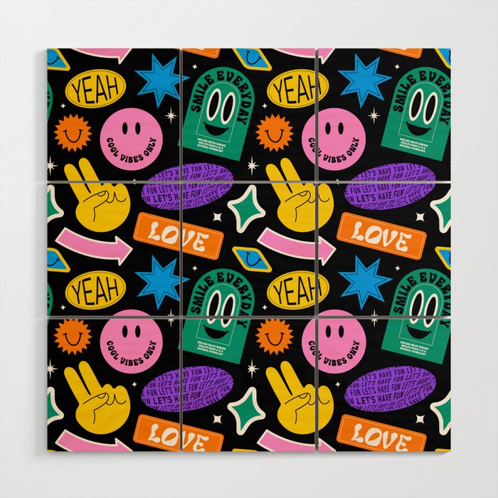 Funny smiling happy face colorful sticker label seamless pattern Wood Wall Art