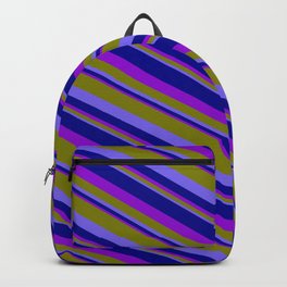 [ Thumbnail: Green, Medium Slate Blue, Dark Blue, and Dark Violet Colored Pattern of Stripes Backpack ]