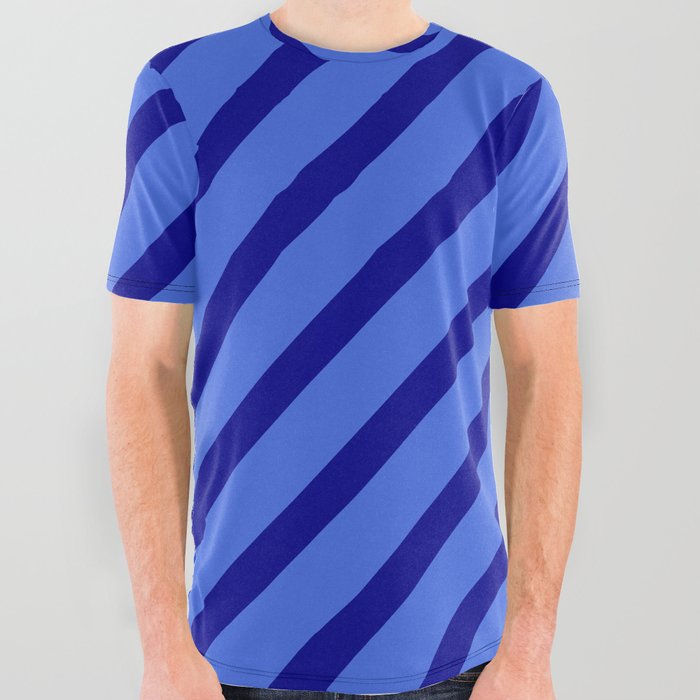Royal Blue & Dark Blue Colored Stripes Pattern All Over Graphic Tee