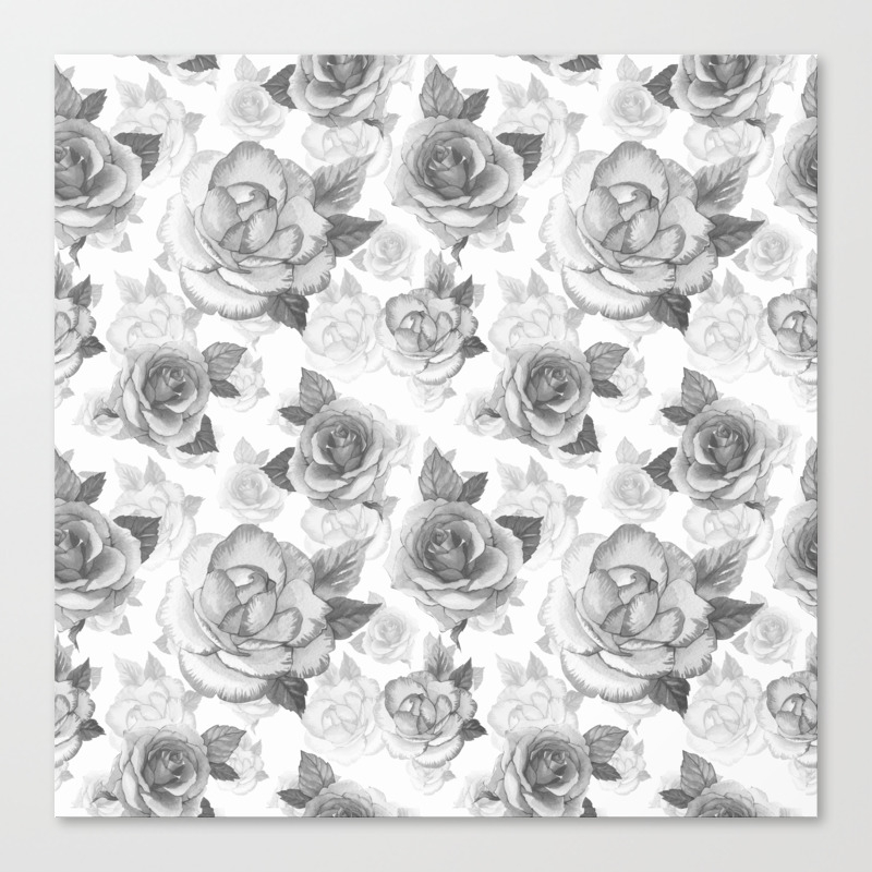 Hand Painted Black White Watercolor Roses Floral Pattern Canvas