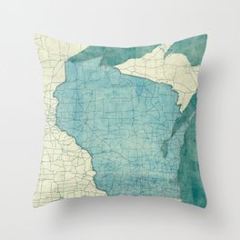 Wisconsin State Map Blue Vintage Throw Pillow