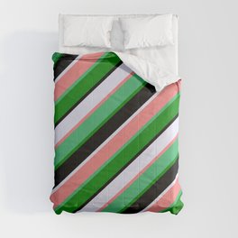 [ Thumbnail: Vibrant Lavender, Light Coral, Sea Green, Green & Black Colored Stripes/Lines Pattern Comforter ]