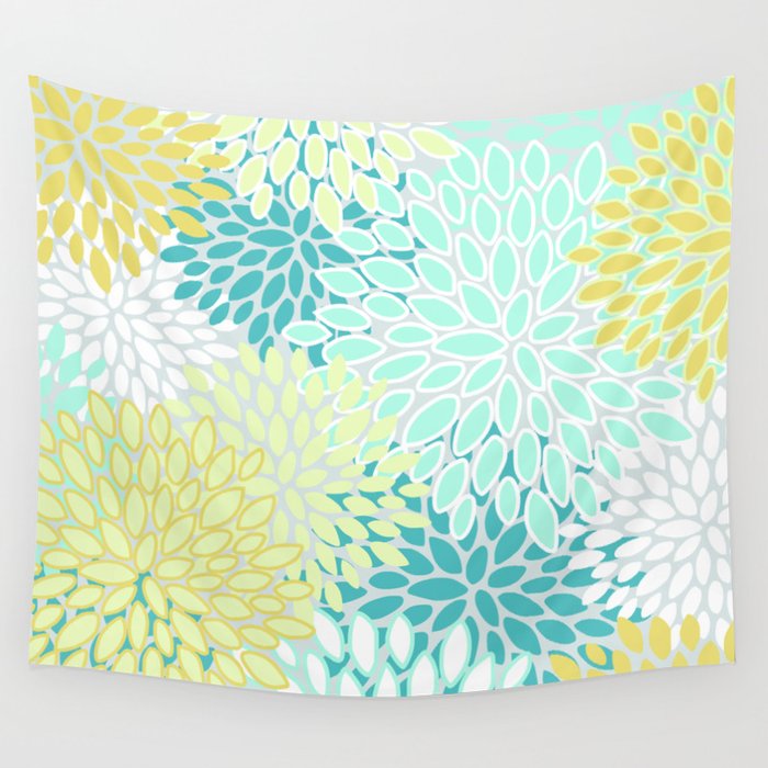 Floral Prints, Teal, Turquoise and Yellow Wall Tapestry