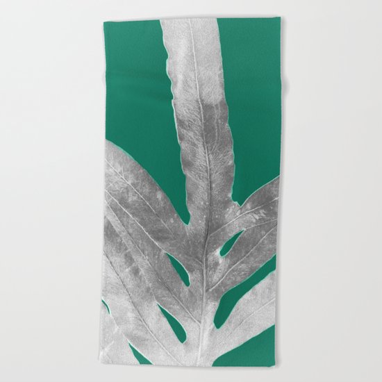 Christmas Fern, Holiday Green with Silver Winter Leaf Beach Towel