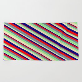 [ Thumbnail: Tan, Blue, Red, Light Slate Gray, and Light Green Colored Stripes/Lines Pattern Beach Towel ]