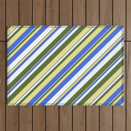 [ Thumbnail: Dark Olive Green, Tan, Royal Blue, and White Colored Stripes Pattern Outdoor Rug ]