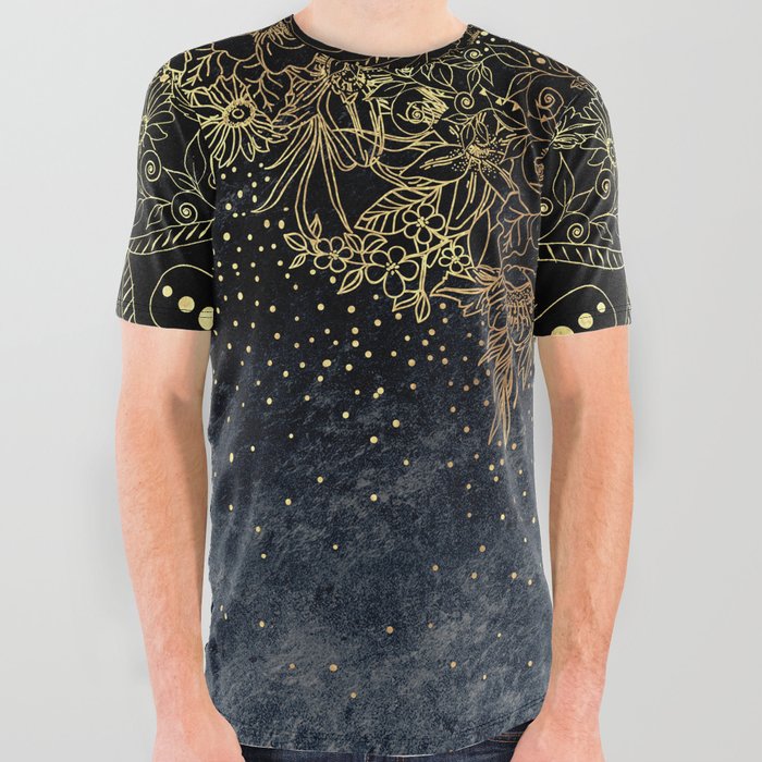 Blue Gold Mandala Floral All Over Graphic Tee