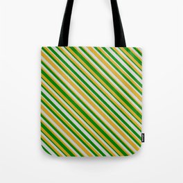 [ Thumbnail: Green, Light Gray, and Goldenrod Colored Striped Pattern Tote Bag ]