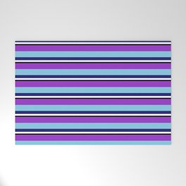 [ Thumbnail: Vibrant Dark Orchid, Sky Blue, Midnight Blue, White & Black Colored Pattern of Stripes Welcome Mat ]