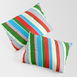 [ Thumbnail: Colorful Deep Sky Blue, Grey, Red, Green, and Beige Colored Lined/Striped Pattern Pillow Sham ]