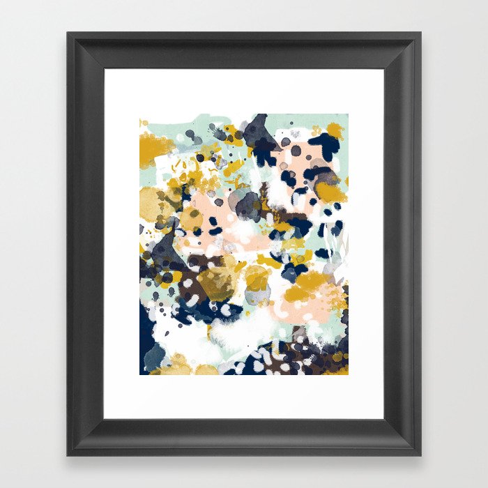 Sloane - Abstract painting in modern fresh colors navy, mint, blush, cream, white, and gold Framed Art Print