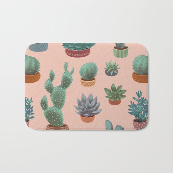 Potted Cacti and Succulents on Sahara Rose background. Bath Mat