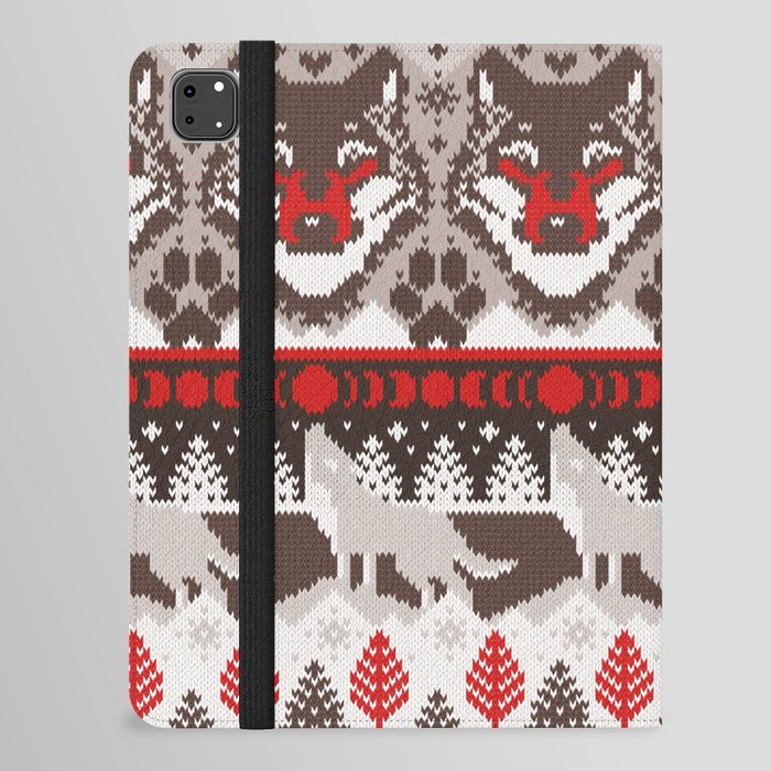 Fair isle knitting grey wolf // oak and taupe brown wolves red moons and pine trees iPad Folio Case