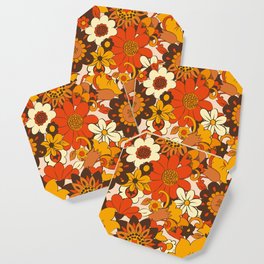 Retro 70s Flower Power, Floral, Orange Brown Yellow Psychedelic Pattern Coaster