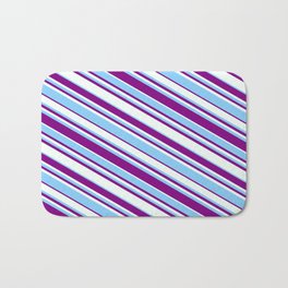[ Thumbnail: Purple, Mint Cream, and Light Sky Blue Colored Lined/Striped Pattern Bath Mat ]
