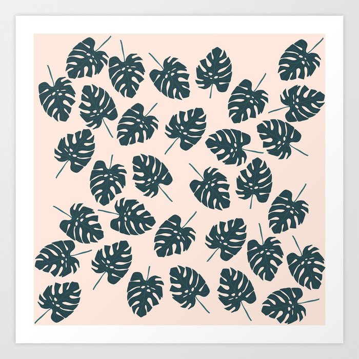 Monstera leaves pattern on pink Art Print