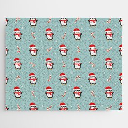 Christmas Seamless Pattern with Penguin on Blue Background Jigsaw Puzzle