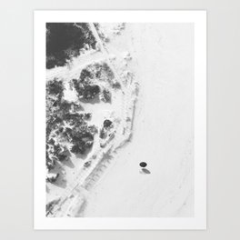 Aerial Beach and Polka Dot Umbrella Black and White photography by Ingrid Beddoes Art Print