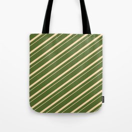 [ Thumbnail: Dark Olive Green & Tan Colored Lined/Striped Pattern Tote Bag ]