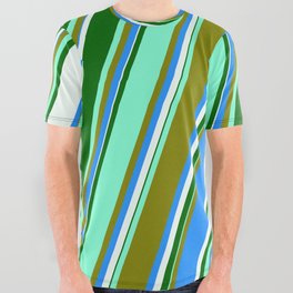 [ Thumbnail: Aquamarine, Green, Blue, Mint Cream, and Dark Green Colored Lined/Striped Pattern All Over Graphic Tee ]