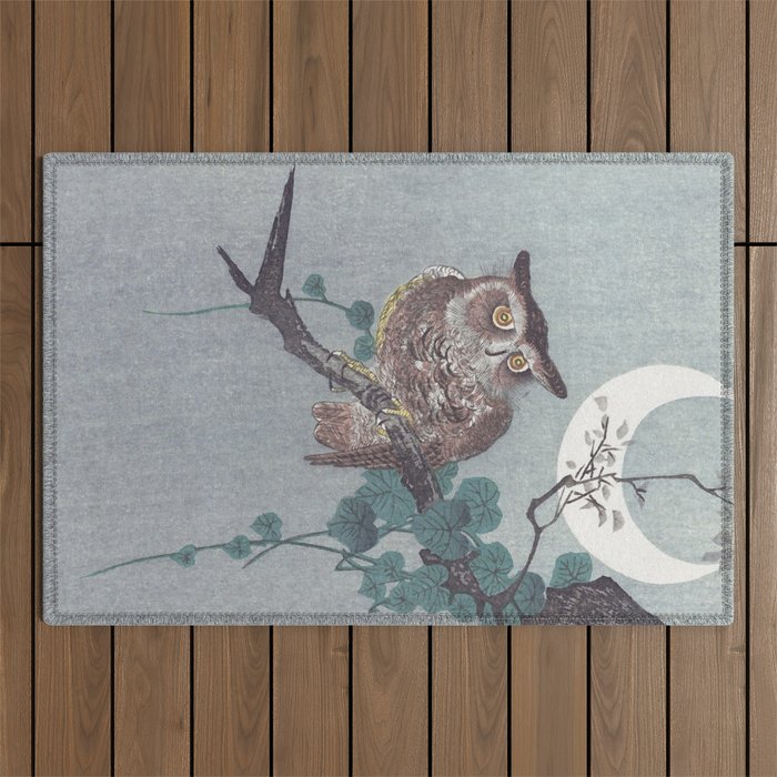 Sleepy Owl and Crescent Moon - Vintage Japanese Woodblock Print Art Outdoor Rug