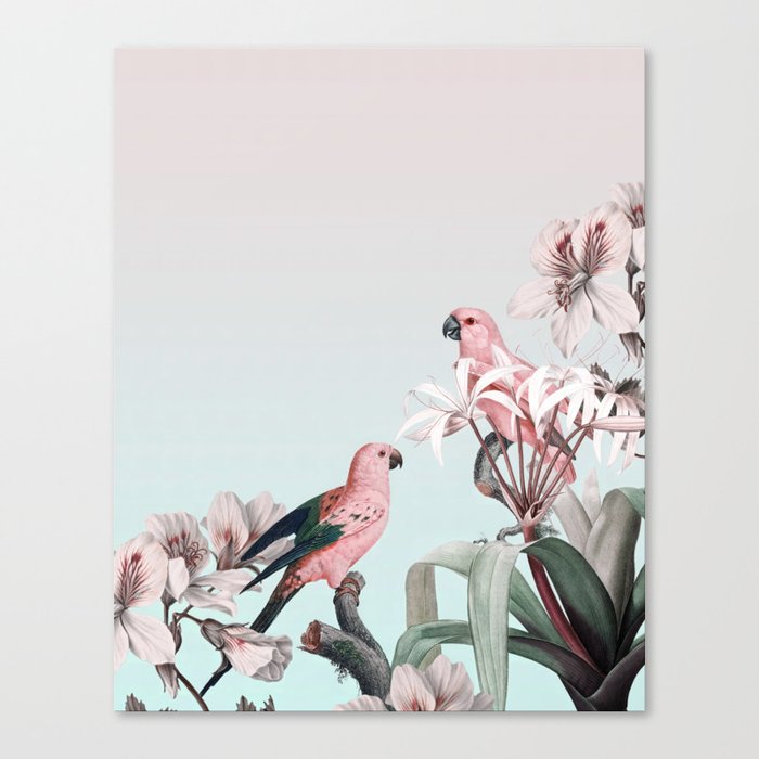 Pastel Parakeets Tropical Flower Garden Canvas Print