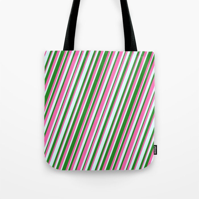 Forest Green, Hot Pink, and Light Cyan Colored Stripes/Lines Pattern Tote Bag