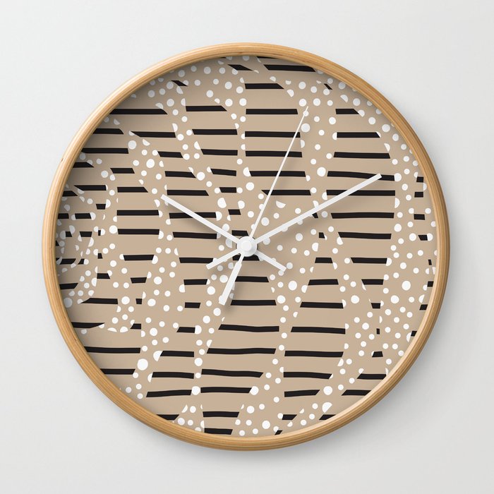 Spots and Stripes 2 - Taupe, Black and White  Wall Clock