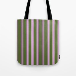 [ Thumbnail: Dark Olive Green & Plum Colored Striped/Lined Pattern Tote Bag ]