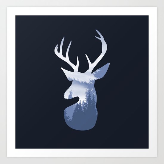 Deer Abstract Blue Landscape Design Art Print