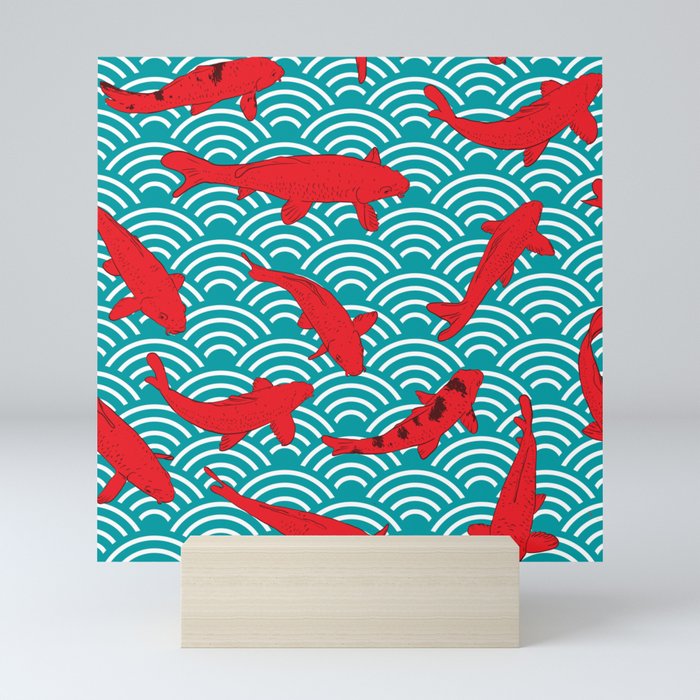 Koi Carp Red Fish Black Outline Sketch Doodle Azure Teal Burgundy Maroon Nature Oriental Backgrou Mini Art Print By Ekaterinap Society6