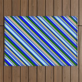 [ Thumbnail: Eye-catching Tan, Royal Blue, Turquoise, Blue & Dark Green Colored Pattern of Stripes Outdoor Rug ]