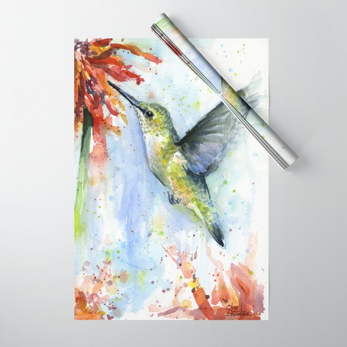 Hummingbird Red Flower Watercolor Bird Wrapping Paper by Olechka