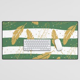 Gold Feathers and Dark Green on White Desk Mat