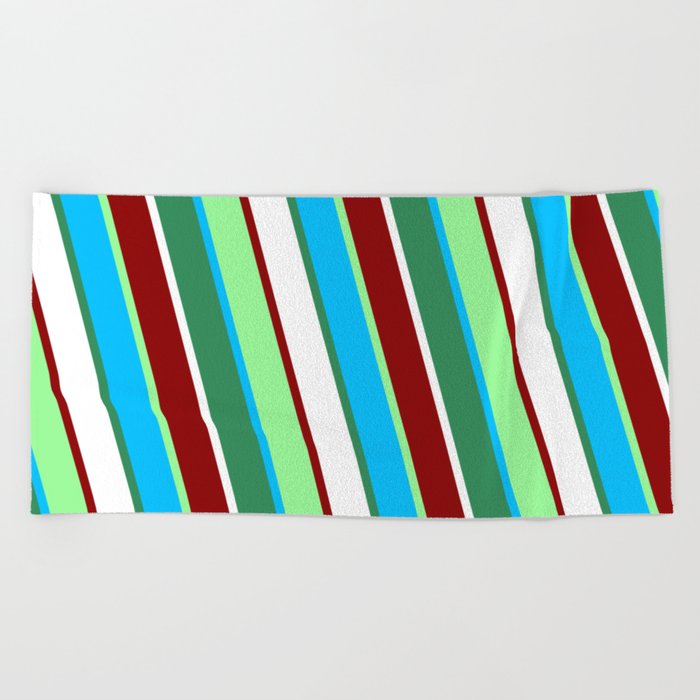 Vibrant Green, Deep Sky Blue, Sea Green, White & Dark Red Colored Lines Pattern Beach Towel