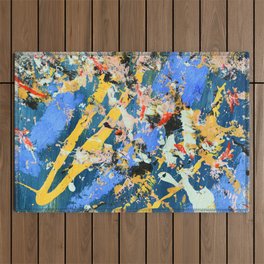 Hope for Tomorrow: a vibrant abstract painting in blue, pink, yellow, and various colors by Alyssa Hamilton Art Outdoor Rug