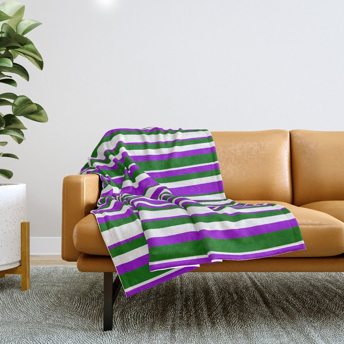 Dark Green, White & Dark Violet Colored Lined Pattern Throw Blanket