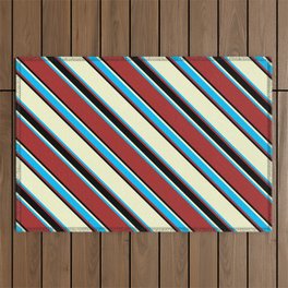 [ Thumbnail: Light Yellow, Deep Sky Blue, Brown & Black Colored Lines/Stripes Pattern Outdoor Rug ]