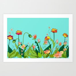 Modern Wildflower Garden - Turquoise Background Art Print | Vibrant, Digital, Pink, Poppies, Painting, Garden, Flowers, Nature, Other, Orange 