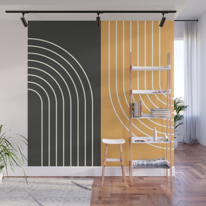 Abstract Geometric Rainbow Lines 20 in Black and Gold Wall Mural