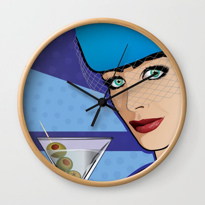 Beautiful Pop Art Girl with Martini and Stewardess Hat Wall Clock