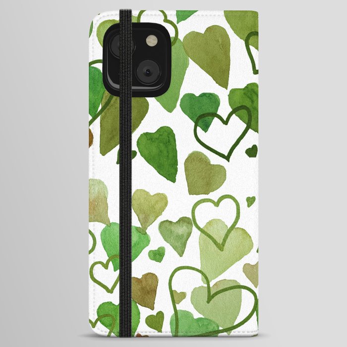 Watercolour Hearts Green iPhone Wallet Case