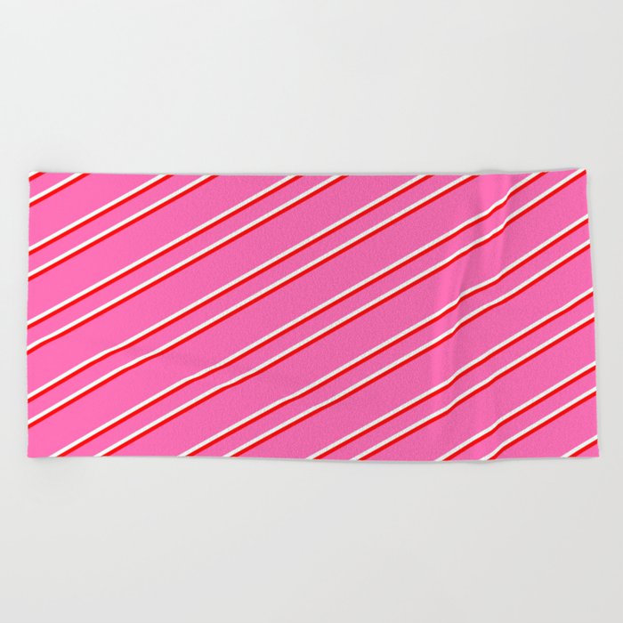 Hot Pink, Mint Cream & Red Colored Lines/Stripes Pattern Beach Towel