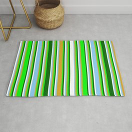 [ Thumbnail: Eyecatching Lime, Goldenrod, Light Sky Blue, White, and Dark Green Colored Pattern of Stripes Rug ]