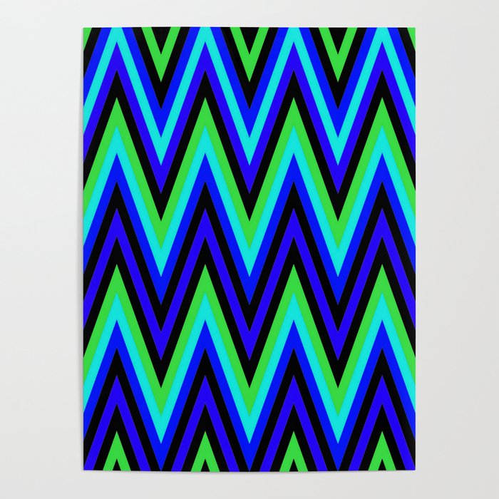 Chevron Design In Deep Blue Lime Green Zigzags Poster